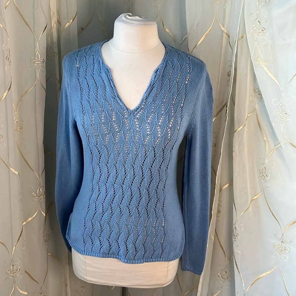Tommy Bahama Sky Blue Openwork V-Neck Sweater